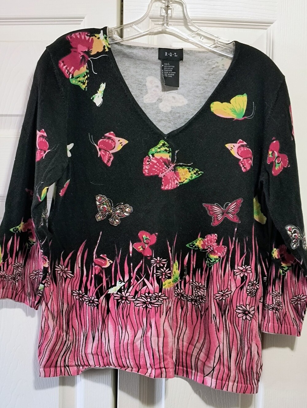 R.Q.T. Black & Pink Butterfly V-Neck Top